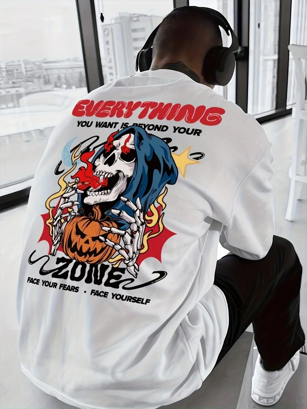 American men's summer skeleton basketball letter print micro elastic breathable round neck T-shirt outdoor street top