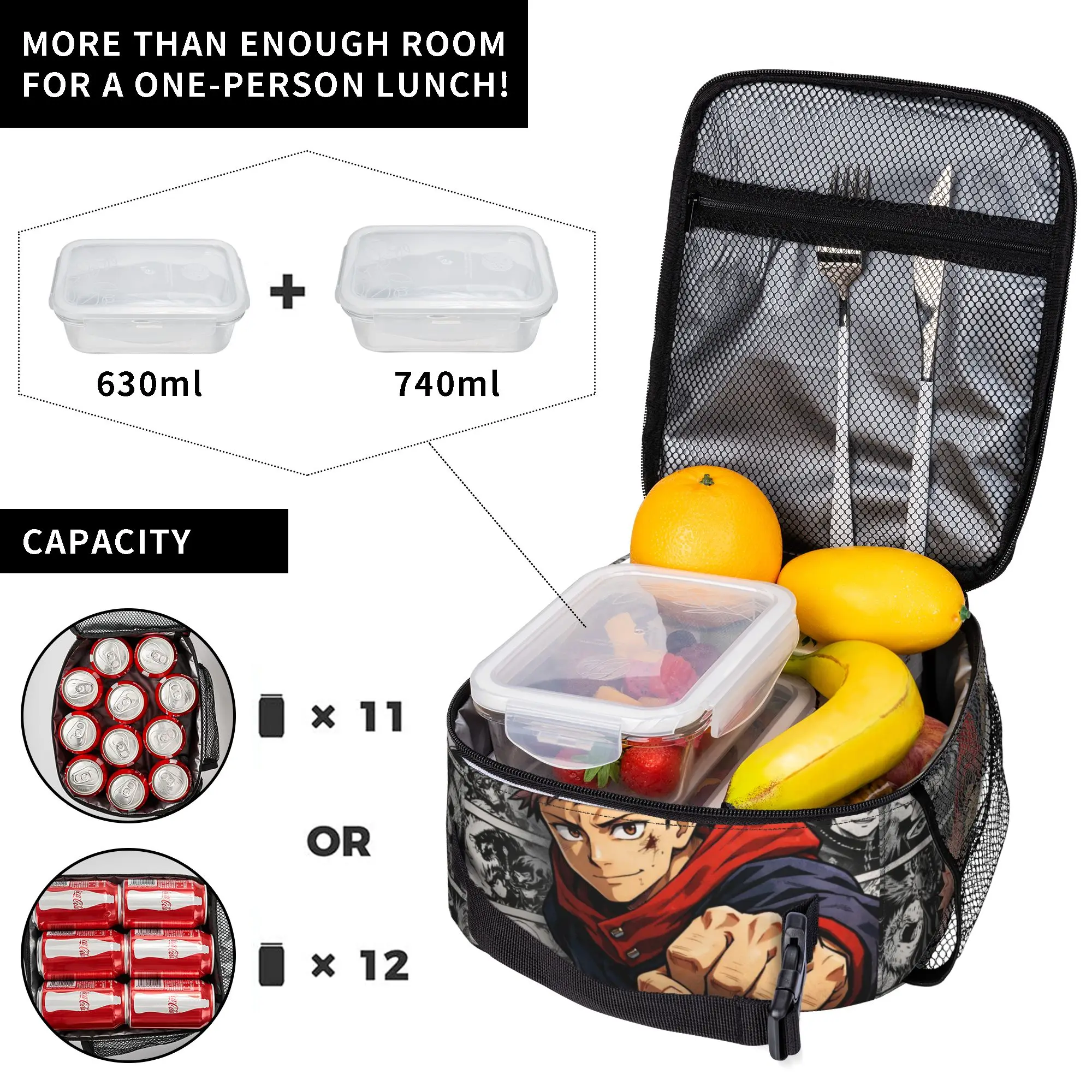 Yuji Itadori Lunch Bag J-Jujutsus K-Kaisens Lustige Lunchbox für Frauen, Outdoor-Picknick-Kühltasche, wasserdichte Tragetasche für Lebensmittel – Detail 4