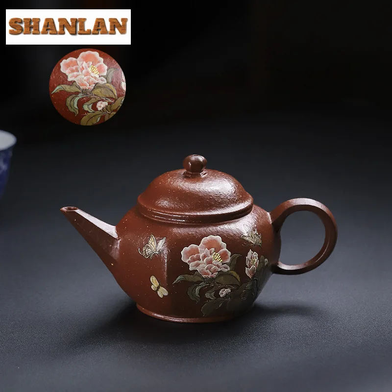 

240 мл креативные фиолетовые глиняные чайники Исин, глиняный рисунок ручной работы, горшок с пионом, необработанная руда, красный грязевой чайник для скоростного спуска, чайный сервиз Zisha, принадлежности