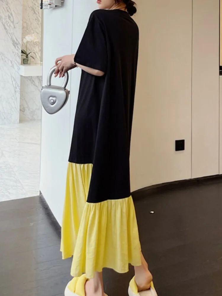 Plus Size Summer Loose Women's Dress Patchwork Black Dress Fake Two Piece Lady Vestidos Female Robe Clothes
