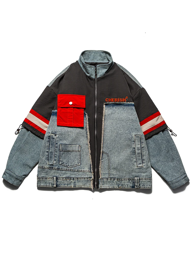 

Autumn 2025 Men's Denim Patchwork Jaet Casual American Sle Trendy Brand Versatile Stand Collar Top Couple's Sle Haom...