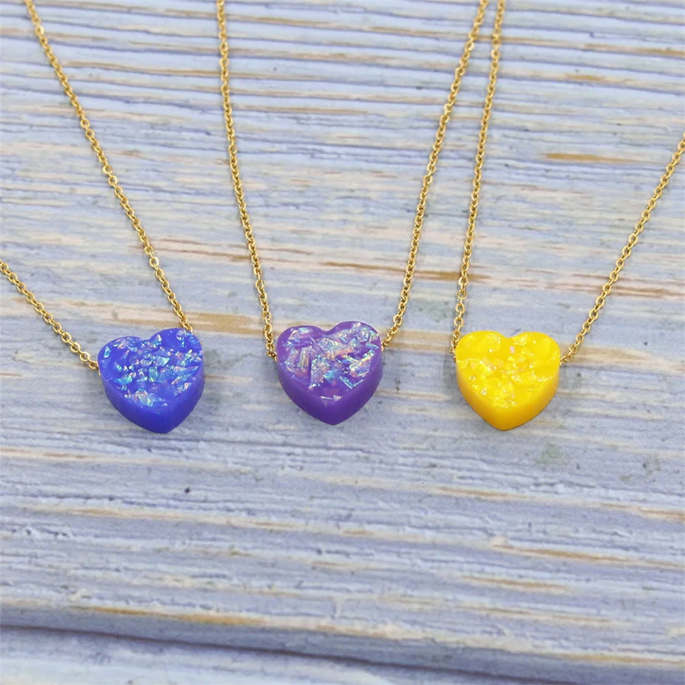 Pink Heart Shape Opal Stone Pendant Necklace Stainless Steel Gold Silver Color Chain Collar Jewelry Girlfriend Gifts