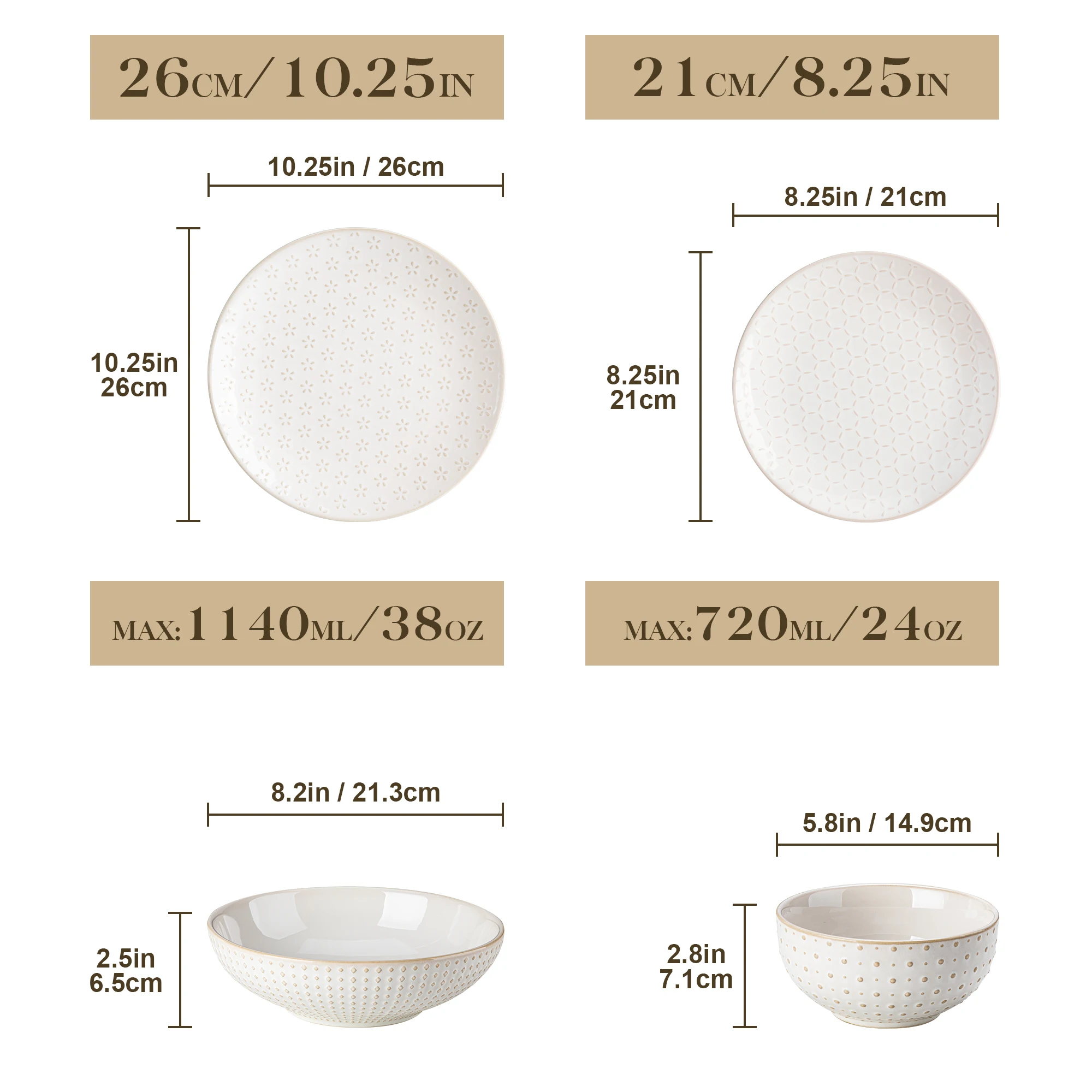 MALACASA LYDIA 12/16 Piece Ceramic Dinnerware Set Modern Relief Design with 4/8 pcs Dinner Plate/Dessert/Soup/Cereal Bowl