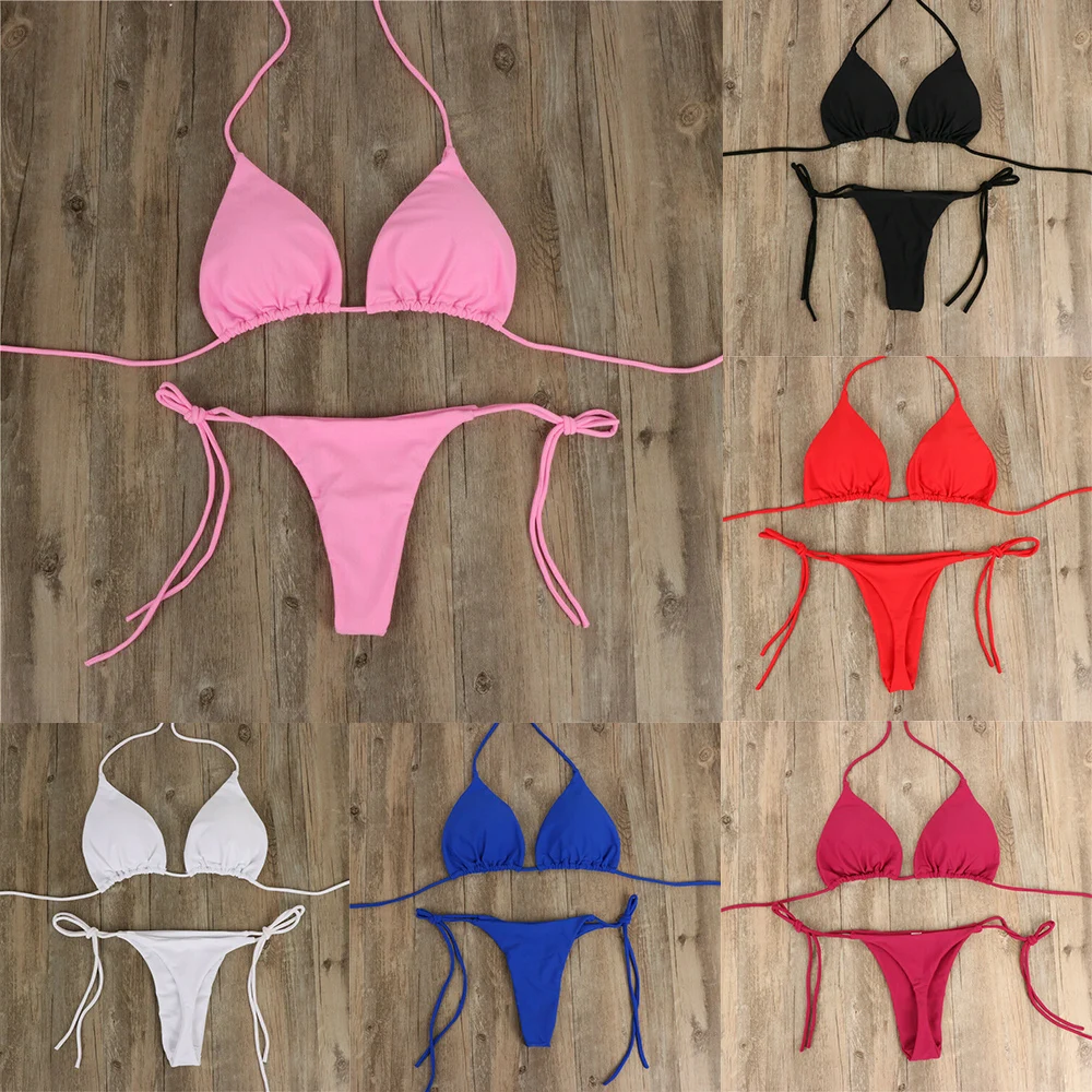 Neue Frauen Sexy Hängenden Hals Tanga Bikini Set Seite Krawatte Badeanzug Bandage Stil Split Strap Solide Einstellbare Damen Badeanzug Set – Detail 2