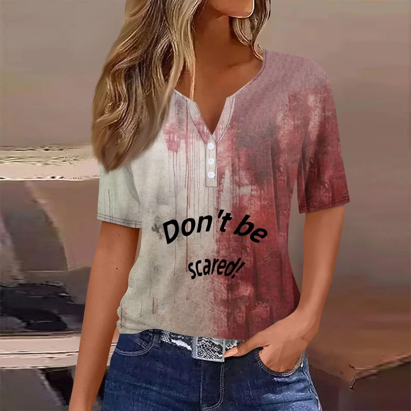 

2024 Autumn/Winter Fashion Halloween Series Round Neck Women's Button Short Sleeve Horror SeriesWG19