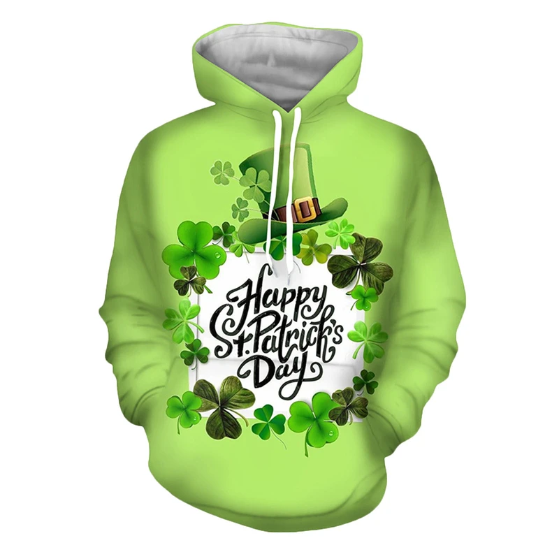 Funny 3d Printed St. Patrick's Day Ireland Hoodies For Men Casual Clover 3D Printed Long Sleeve Pullover Baggy Lucky Sweatshirt