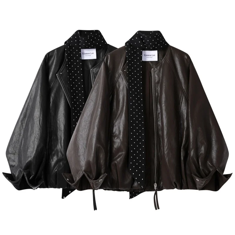 Jaqueta de couro pu feminina estilo vintage, casaco de motociclista retrô para primavera e outono, jaqueta curta de motocicleta, couro sintético de alta qualidade w