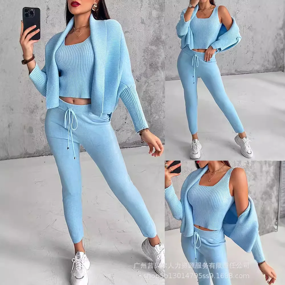 Light Blue Lapel Bat Sleeve Cardigan Suspender Vest Low Waist Strap Knitted Three-piece Set for Women