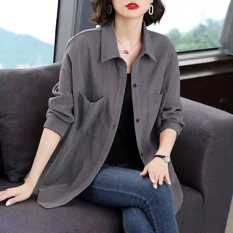 Cardigan décontracté à manches longues pour femmes, chemise à col polo, poches boutonnées, épissé adt, grande taille, manteau de printemps, mode coréenne, nouveau