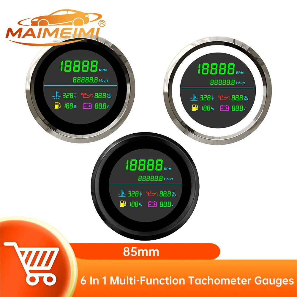 6 in 1 Multi-Function Meter Tachometer Hour Meter Water Temperature Oil Pressure Fuel Level Voltmeter 85MM Car Gauge