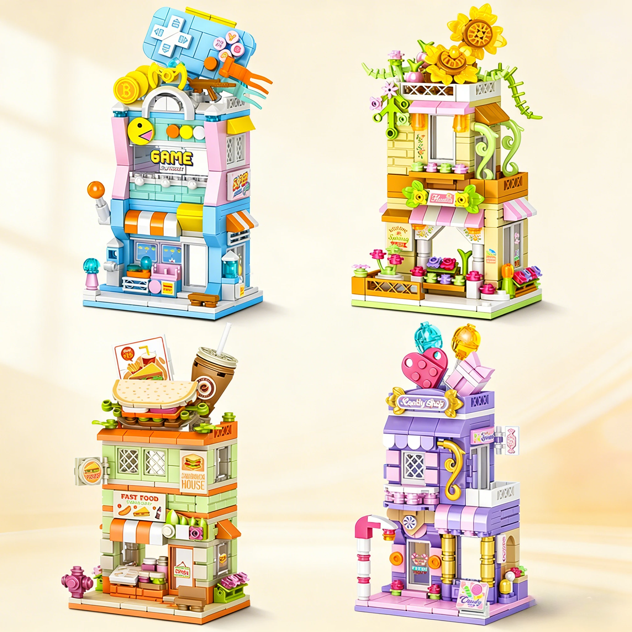 City Street View Building Block Set DIY Ice Cream Coffee Flower Shop Model Building Toy Ideal for Home Decor and Holiday Gifts