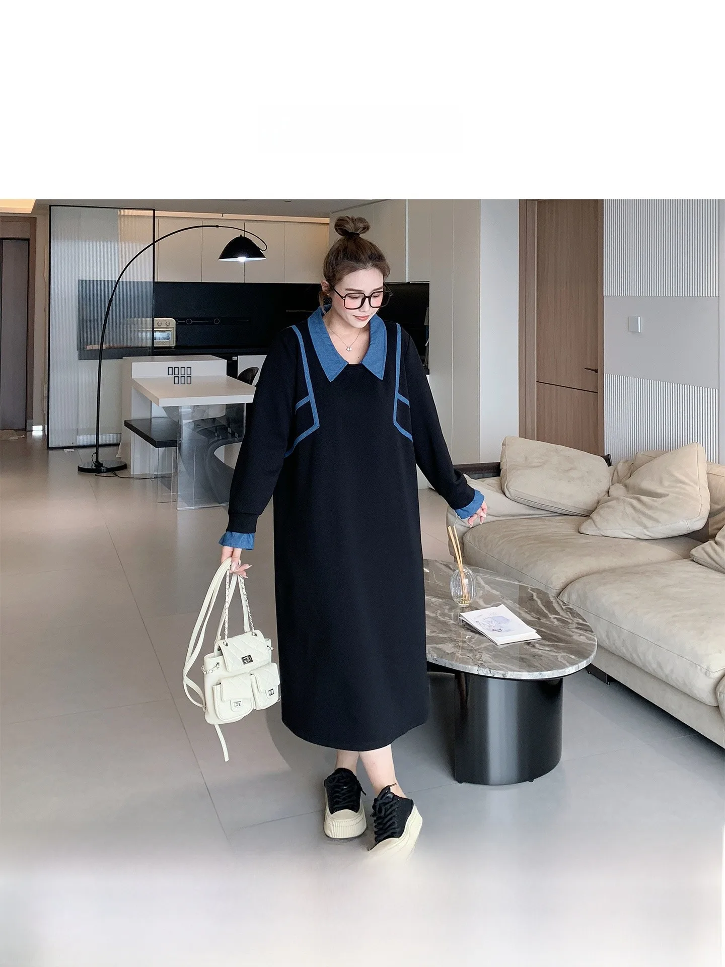 

Новая осенняя женская одежда больших размеров: длинная юбка А-силуэта с высокой талией и вставками, в корейском стиле, для повседневной носки