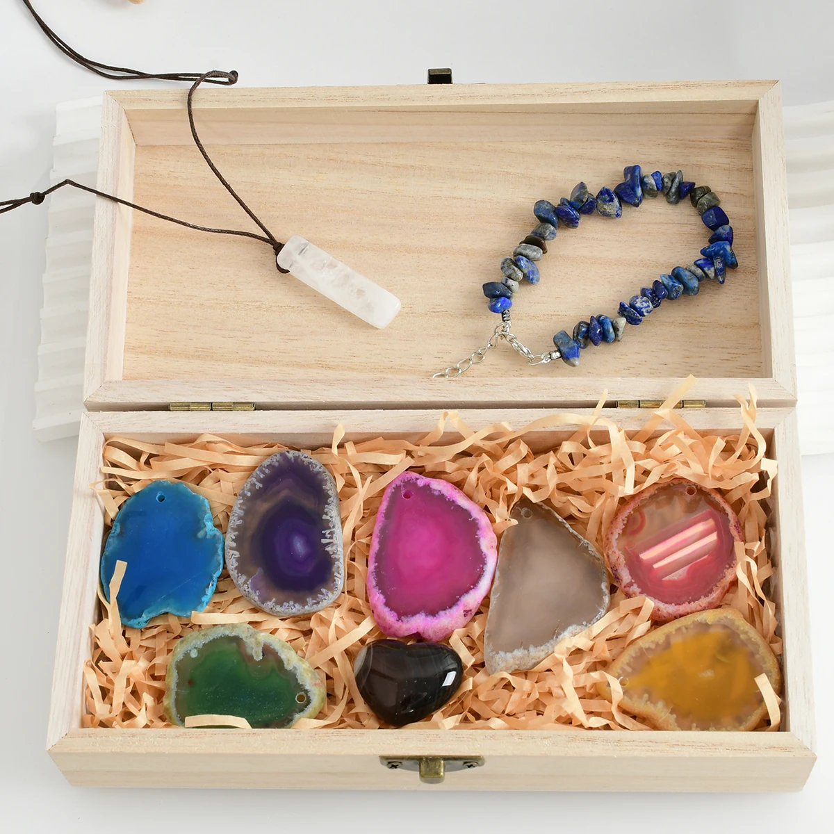 Drilled Agate Piece Set Healing Stones Premium Kit Box 20X10X5CM