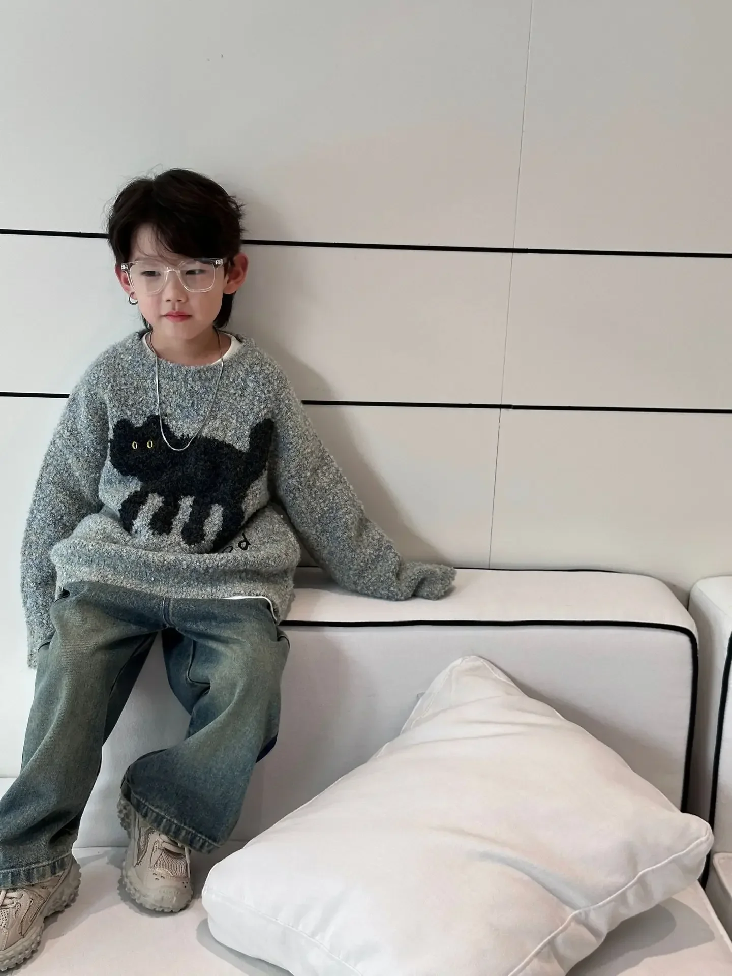 2024 Boy Sweater Korean Style Children's Lazy Cat Cartoon Boy Sweater Casual Pullover Top Knitted Sweaters Clothes Kids Knitwear