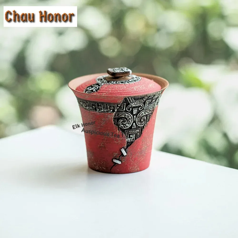 

145ml Handmade Carmine Red Taotie Pattern Gaiwan Creative Tea Bowl Tea Tureen Tea Maker Cover Bowl for Tea Accessories Craft