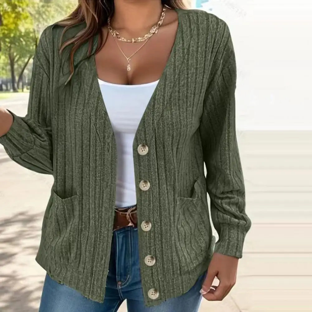 Loose Long-sleeved Cardigan Women Jacket Stylish Women's Knitted Cardigan Coat Soft V Neck Solid Color Long Sleeve for Fall