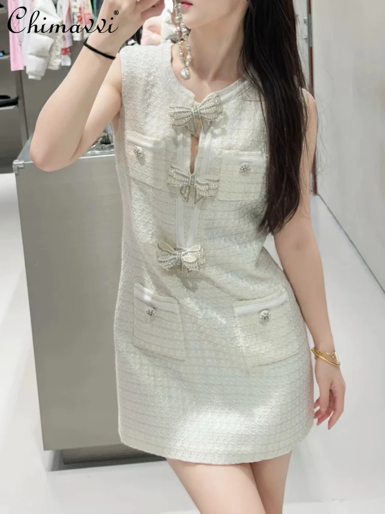 

French Temperament Socialite Birthday Party Dress Pearl 3D Bow Round Neck Sleeveless High Waist Slim Short Dress Women Summer
