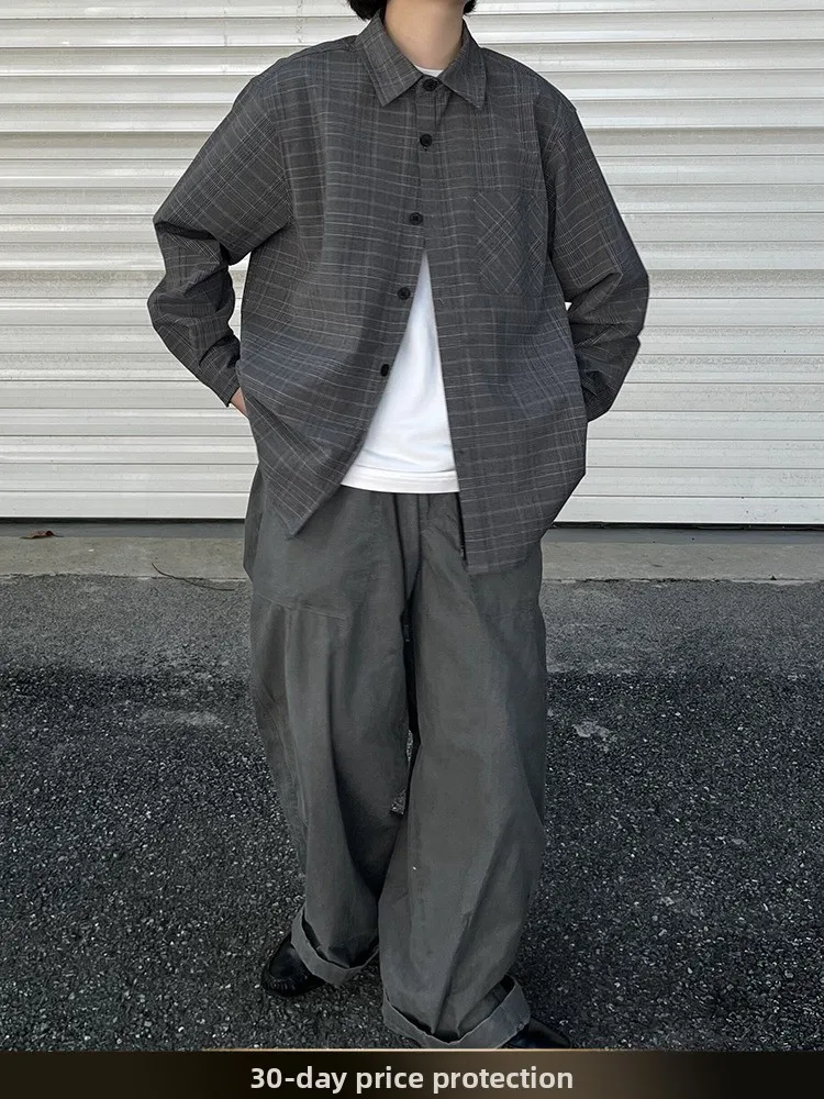 

Retro Japanese Sle Long Sve Loose Fit Collared Men's irt Polyester Blend Autumn New Arrival Versatile Cheered Pattern