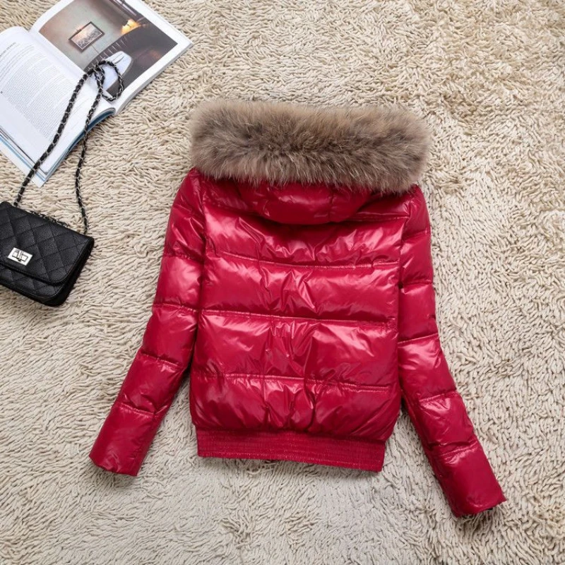 معطف الشتاء النساء معاطف الشتاء أسفل سترة المرأة موضة جديدة قصيرة الأبيض بطة أسفل كبيرة الفراء طوق مقنعين سترة دافئة #5