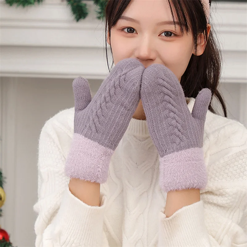 Fashion ladies twisted wool knitted gloves unisex double thickened full finger cashmere warm driving gloves