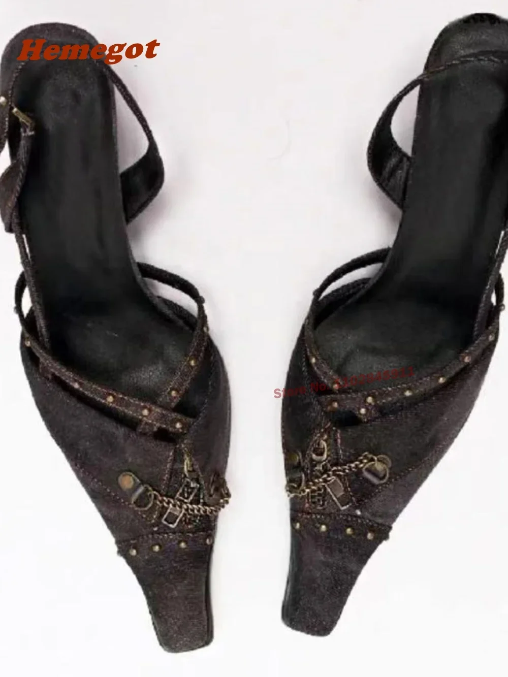 مضخات مرصعة بالأمام مربعة للنساء ، كعب الدنيم الصغير ، مشبك السلسلة ، الصليب الرجعية ، أحذية المدرج الأنيقة ، الأحدث ، الصيف ، Y2K #6