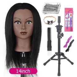 Afro Mannequin Heads With 100% Real Hair With Adjustable Tripod Hairdressing Dolls Training Head For Practice Styling Braiding