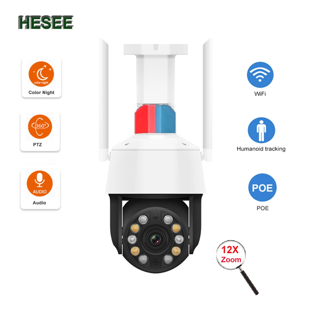 

HESEE WiFi Camera Outdoor Wireless PTZ Speed Dome POE IP Cameras CCTV 12X Optical Zoom Full Color 1080P 4MP Two way Audio Alarm