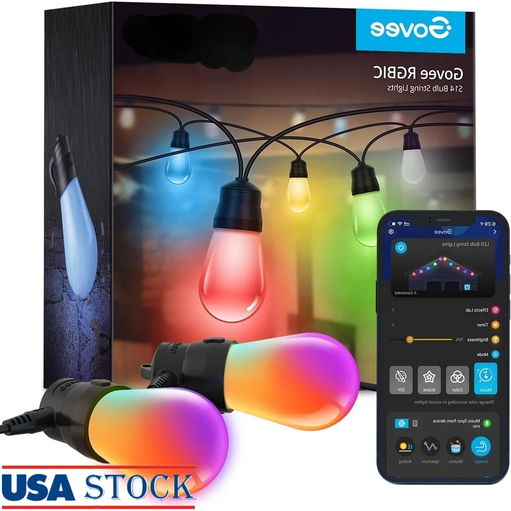 

Smart Outdoor String Lights 48ft RGBIC Waterproof LED Bulbs with DIY Mode Music Sync Color Changing Dimmable Party Lights IP65