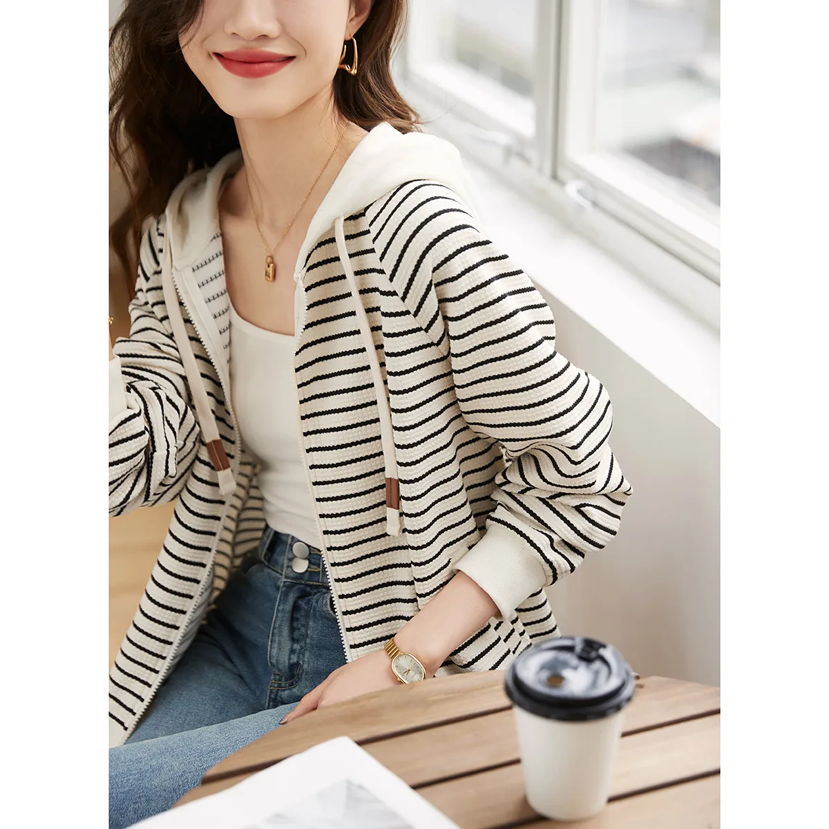 Faionable Striped Casual Hoodie Women's Knitted Cardigan Spring Autumn High End European Sle Commute Sle Polyester Cott...