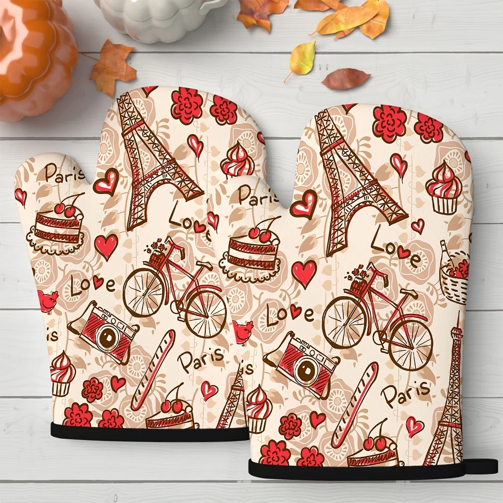 2pcs Set Red Background Paris Eiffel Tower Oven Mitts, 10.63 X 6.69 Inches High Quality, Suitable for Kitchen, Baking, Home Use