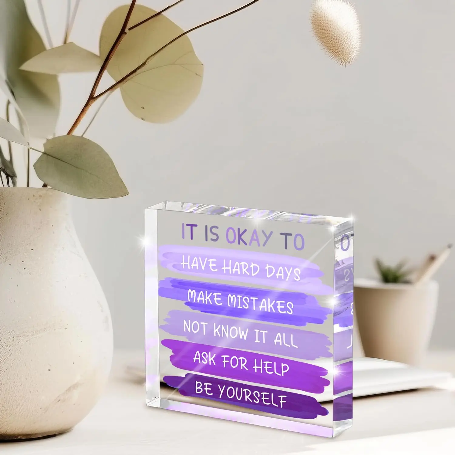 الصحة العقلية "هل على ما يرام..." علامة مكتب - ديكور تأكيد أكريليك أرجواني مقاس 4 × 4 بوصة للنساء، ديكور مكتب العلاج