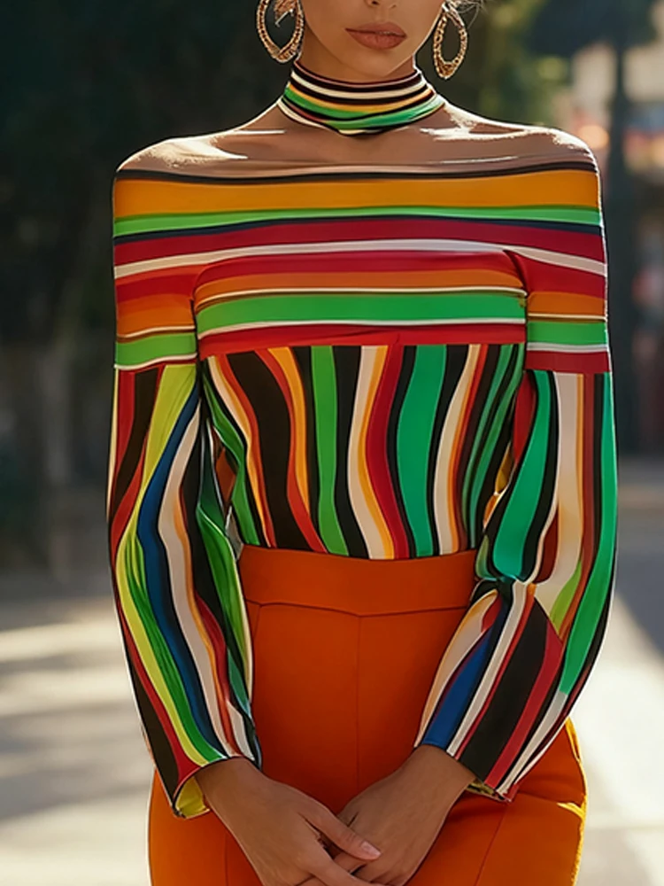 

Новая футболка, женские топы в радужную полоску, женский облегающий топ, свободный полосатый топ с бретелькой на шее, летняя женская пригородная одежда