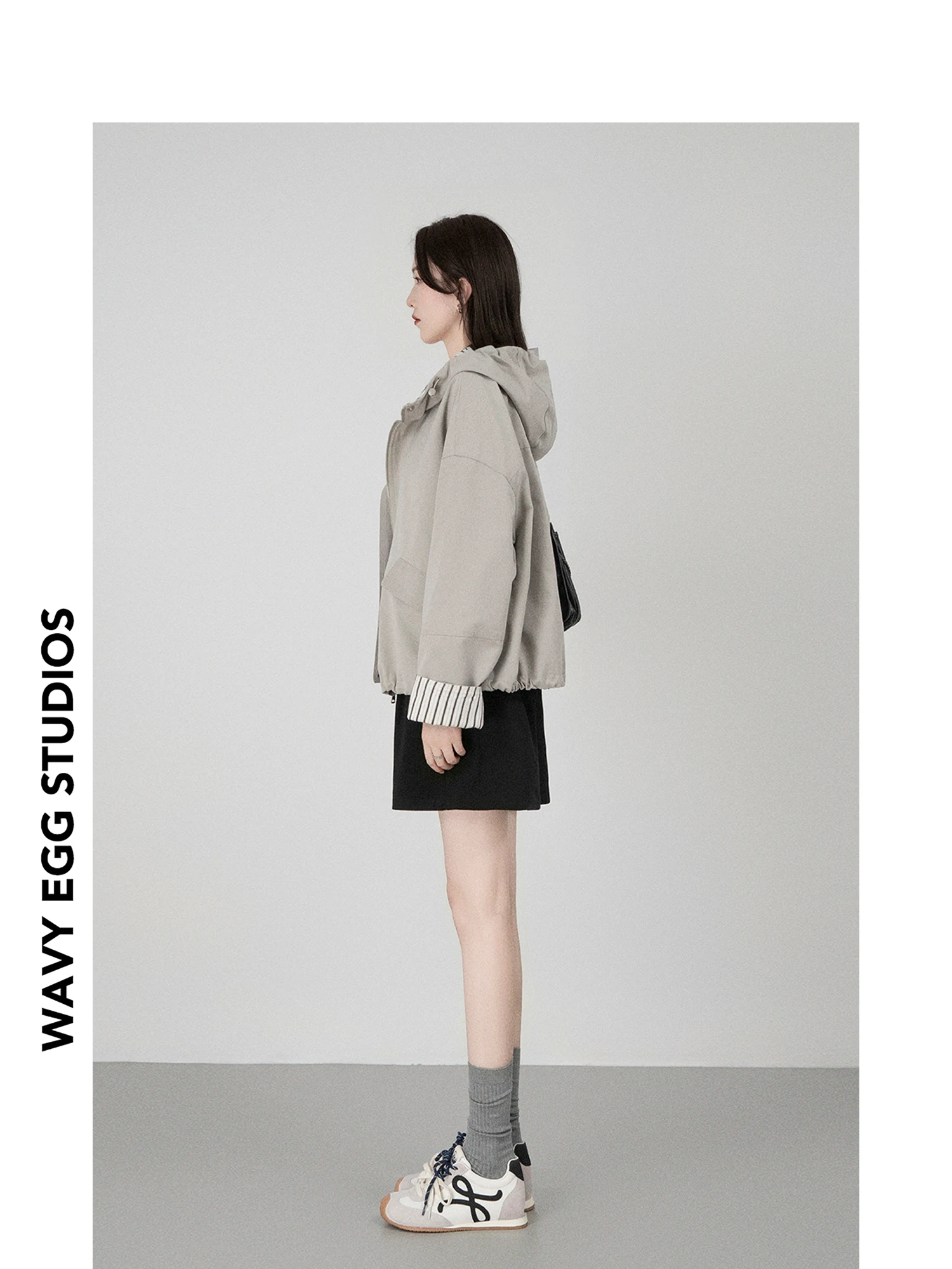 

Wavy Egg Barn Sle Retro Casual Hooded Workwear Jaet Women's Autumn Stripe Splicing Color Blo ort Outerwear