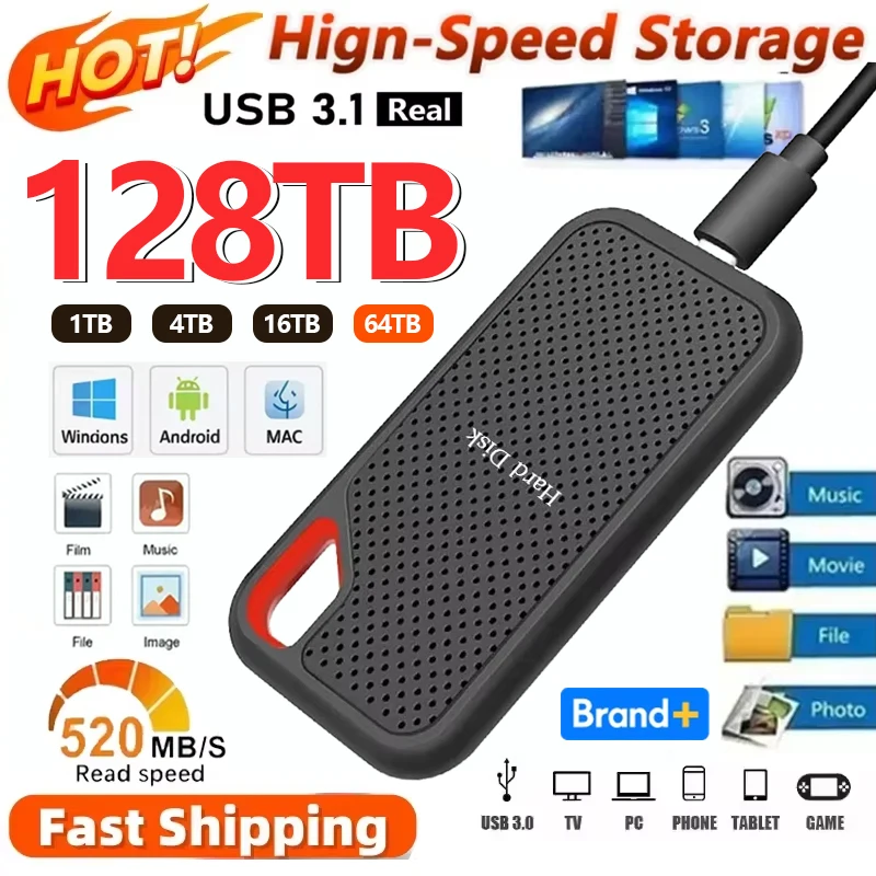 128 TB Hochgeschwindigkeits-Festplatte, tragbare SSD, 1/2 TB Typ-C-Festplatte, USB3.1, externe SSD, 16 TB Mini-Festplatte für Telefon/Loptop/PC/Mac