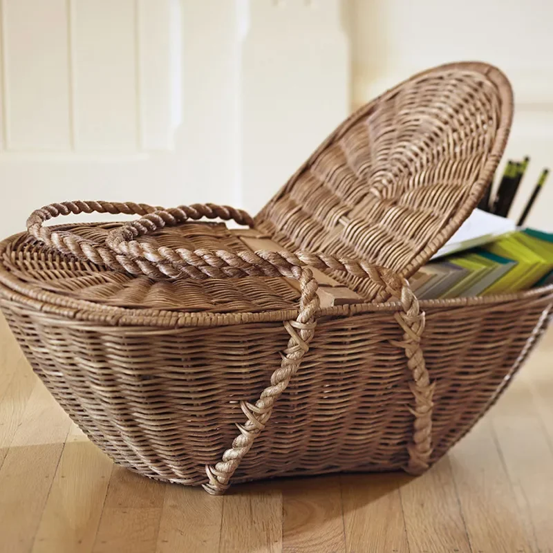 Handwoven Rattan Storage Basket Portable Wicker Organizer for Home Decor Modern Minimalist Style Small Pastoral Picking Bin