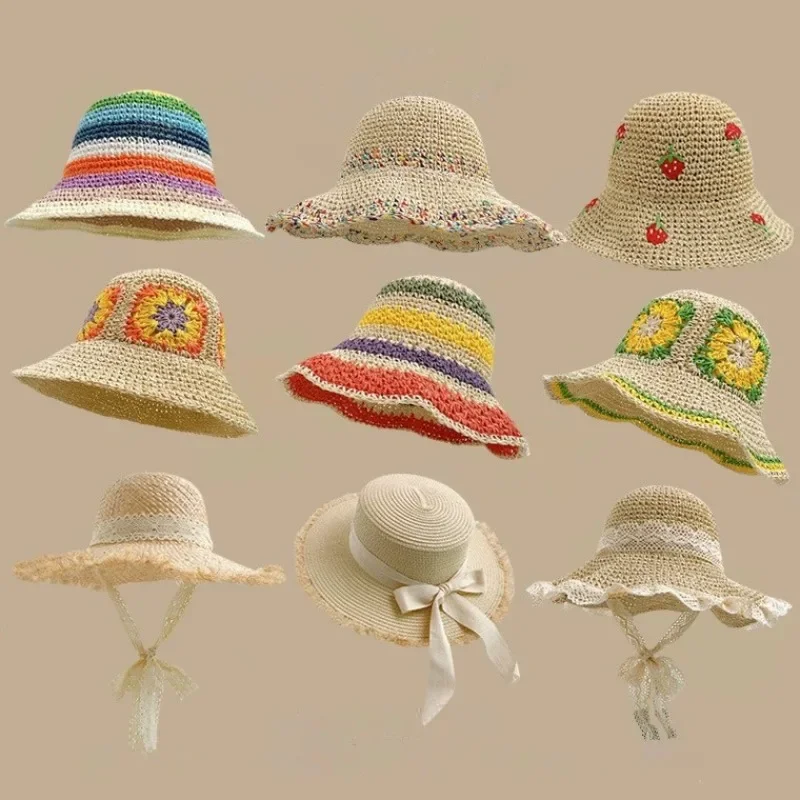 

Fashion Summer Japanese Rainbow Woven Women's Sunscreen Visor Straw Hat Protective Fisherman Hats Panama Hollow Beach Sun Caps