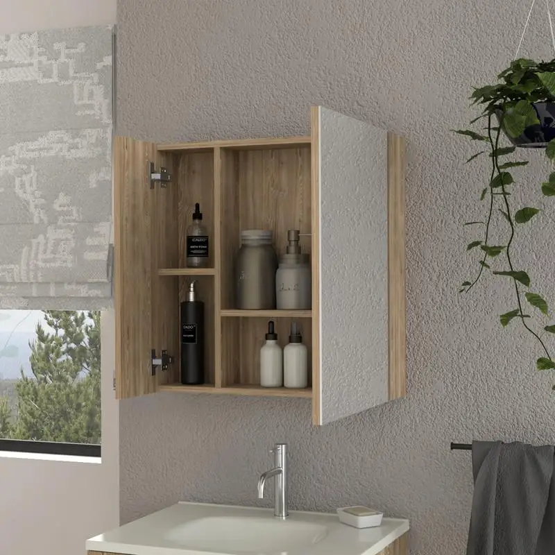 

Medicine Cabinet, 4 Internal Shelves, Single Door, Pine Finish, Compact Design, Perfect for Small Spaces, Stylish Storage