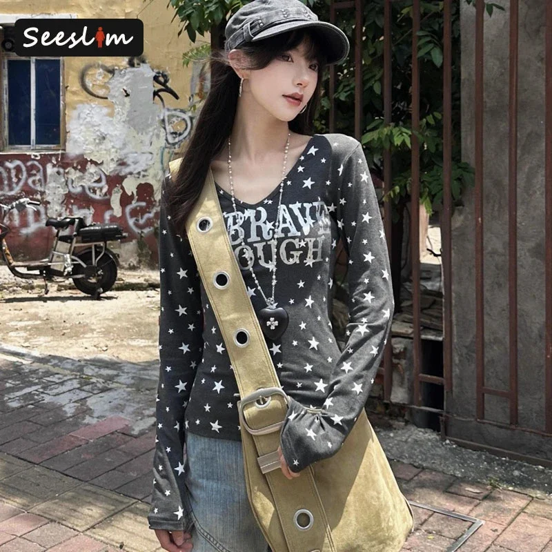 

Seeslim American Retro Polka Dot Women's T-shirt Long Sleeve 2000s Clothes Y2k Graphic Tee Female Clothing Autumn Tops Tshirt