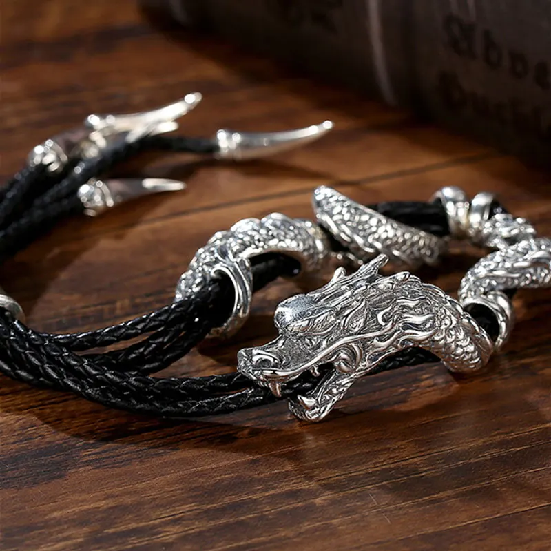 Vintage Dragon entangle Bracelet Stainless steel with Leather rope Exquisite Jewelry Accessories Gifts Men bracelet