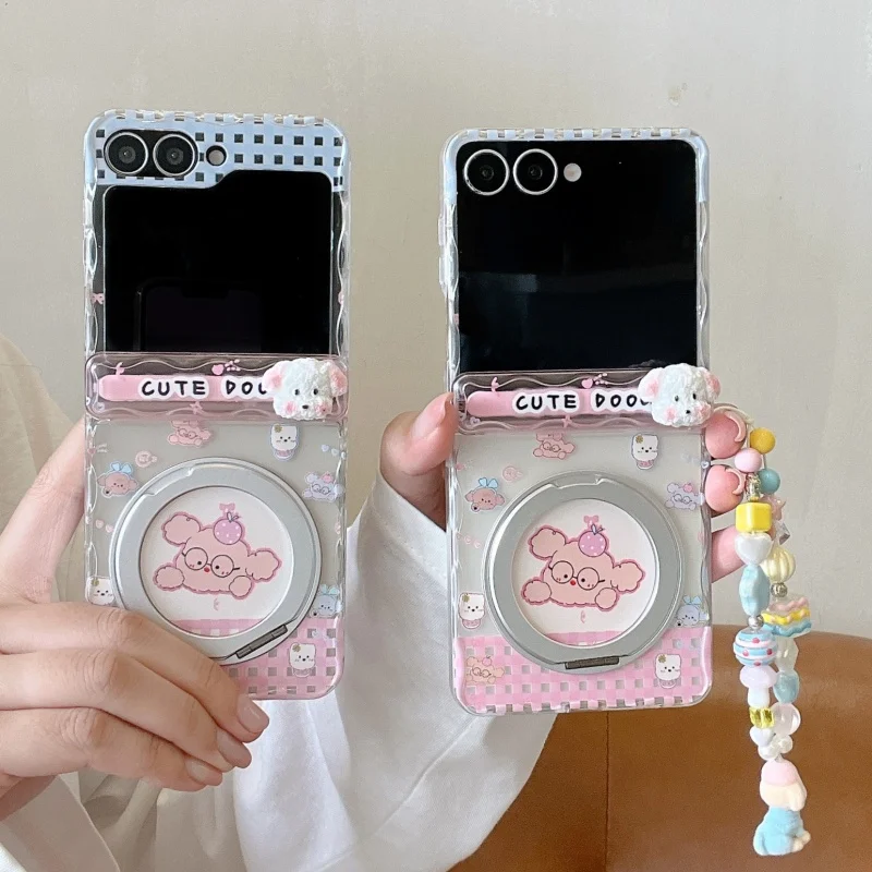 Korean Cute Puppy Phone Case For Samsung Galaxy Z Flip 7 6 5 Z Flip6 Cover with Stand Chain Kawaii Hinge Cases For ZFlip7 Funda