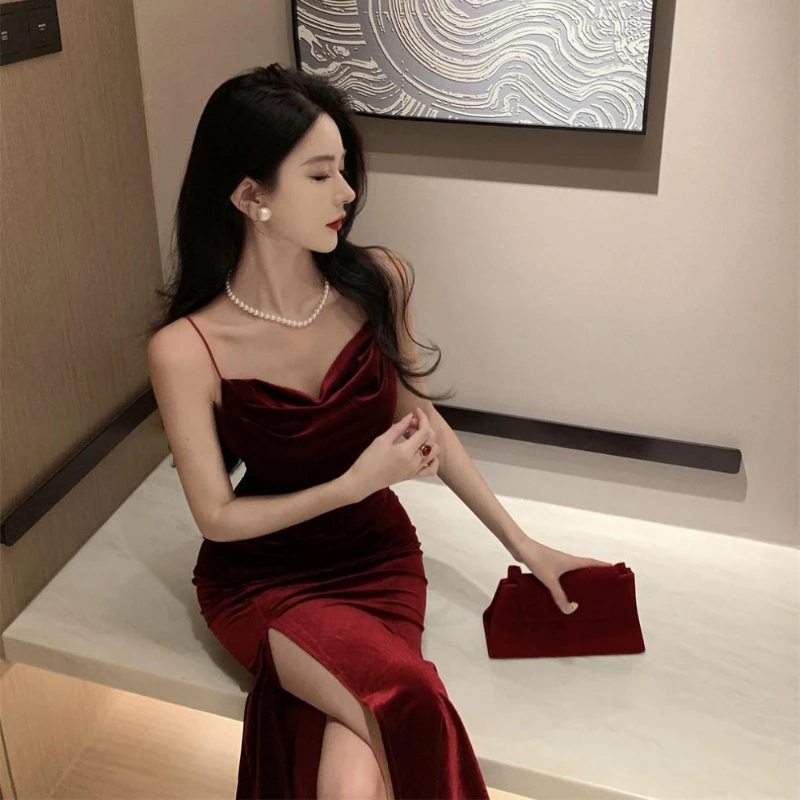 خمر مثير نادي حفلة موسيقية فساتين حمراء للنساء السباغيتي حزام شق المخملية فستان الشاطئ ضمادة Bodycon ميدي فستان حفلة أنيقة #6