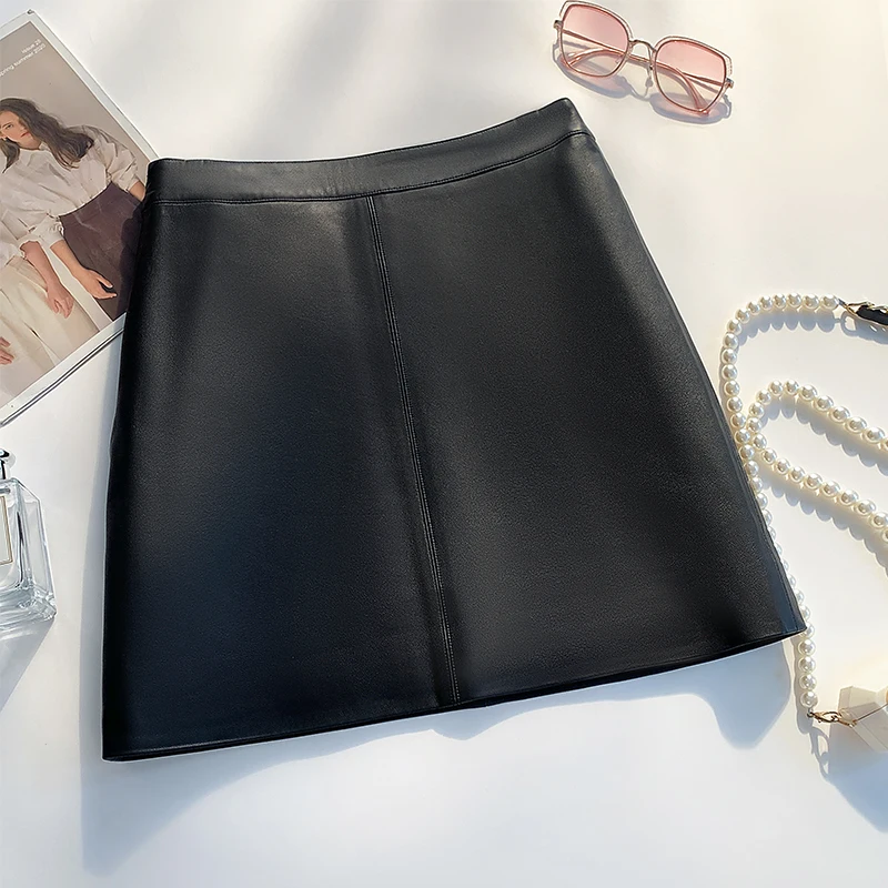 

Новая кожаная юбка А-силуэта с высокой талией, утягивающая, из натуральной овечьей кожи, универсальная, средней длины, для женщин, коллекция 2025 года