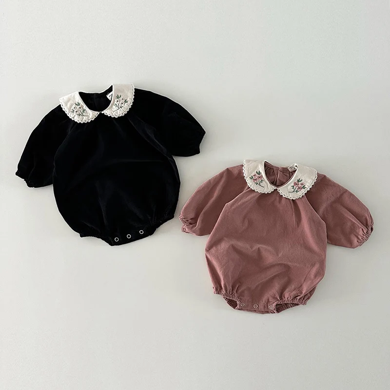 2024 New Autumn Children Clothes Newborn Baby Girls Bodysuits Long Sleeves Corduroy Flower Embroidery Korean Style Climbing Suit