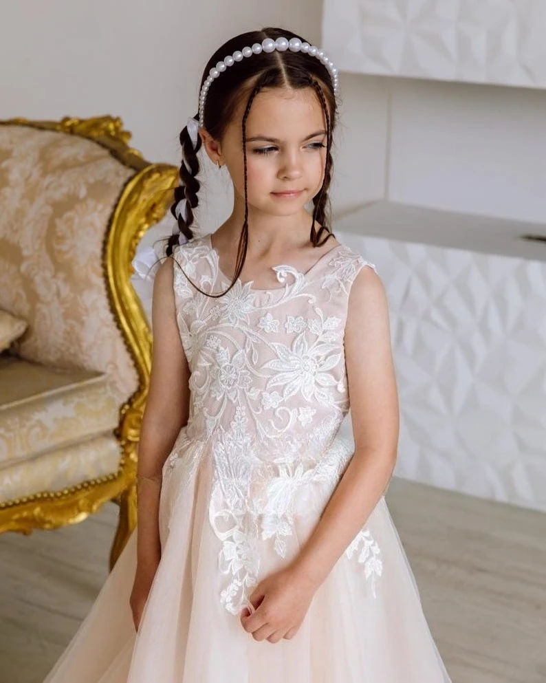 Lace Flower Girl Dress Girl Birthday Tulle Holy Communion Tutu with Train Princess Girls Dress Baby Pageant Dresses for Girls