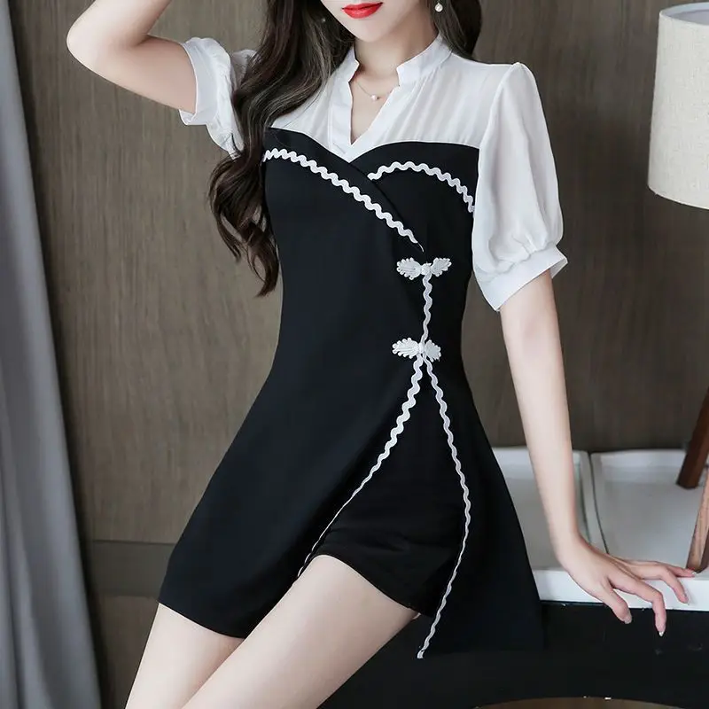 

2026 Summer Women Fashion Patchwork Top Shorts Set Slimming Elegant Short Sleeve Outfit