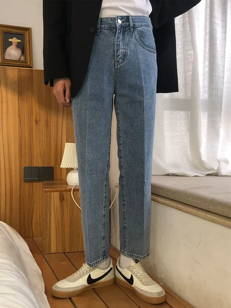 CloHand Jeans Kaki Lurus Longgar Pria Jeans Kasual Trendi Sembilan Titik Pelangsing Pinggang Tinggi Biru Muda Musim Semi Musim Panas Antik Pria