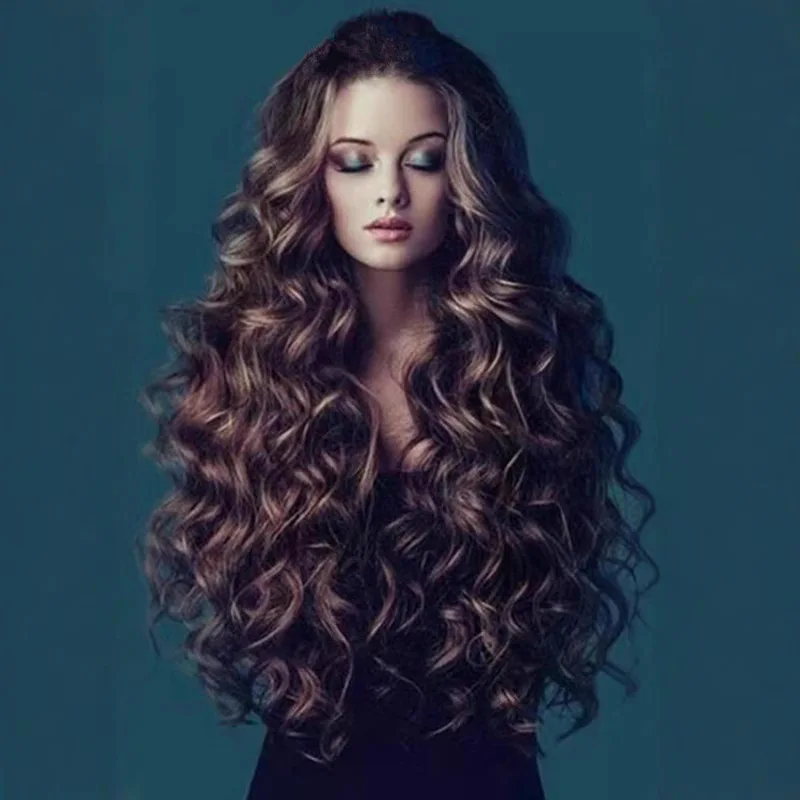 براون طويل حليقة شعر مستعار المرأة الاصطناعية رقيق كوس موجة كبيرة روز صافي الشعر التمديد ارتفاع درجة الحرارة الحرير الشعر التمديد