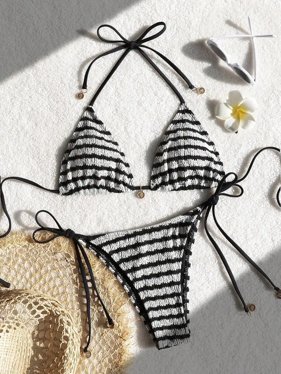 

Black and White Striped Tie-Front Bikini Set with Adjustable Straps