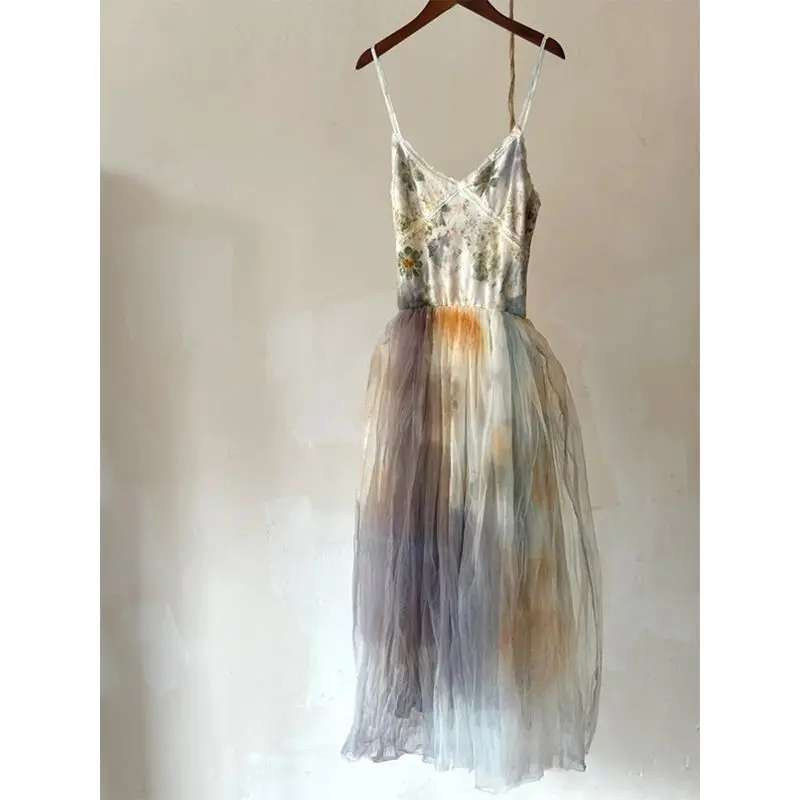 

Mint Wave Sle Tie Dye Vaion Feel Strap Dr Pure Desire Design Unique Women's Dr A-Line Midi Skirt without Sves