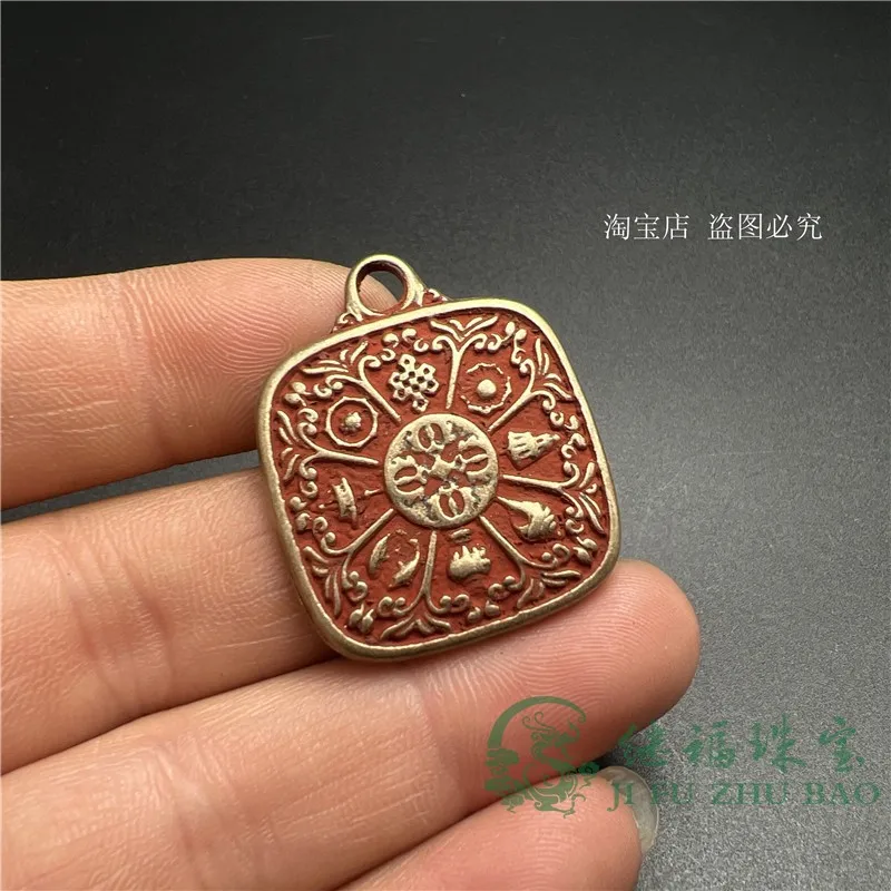 Antique Cinnabar Bronze Aged Lucky Eight Treasures Nine Palaces Plaque Solid Brass Micro-carved Buddha